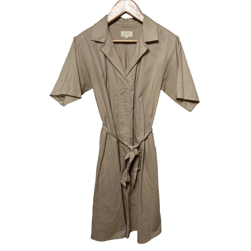 Melloday Collared Tie Waist Short Sleeve Lightweight Midi Dress Beige Size Large